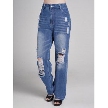 

Ripped Casual Jeans Middle Waist Pockets Denim Pants, Blue