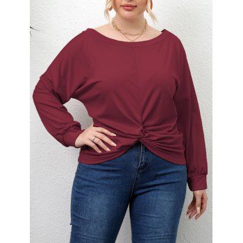 

Plus Size Minimalism Twist Top Plain Color Round Neck Casual Top, Red