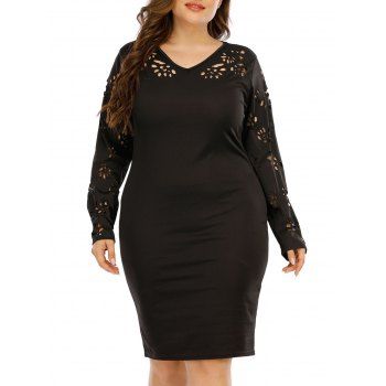

Plus Size Laser Cut Dress Plain Color Hollow Out Casual Dress, Black