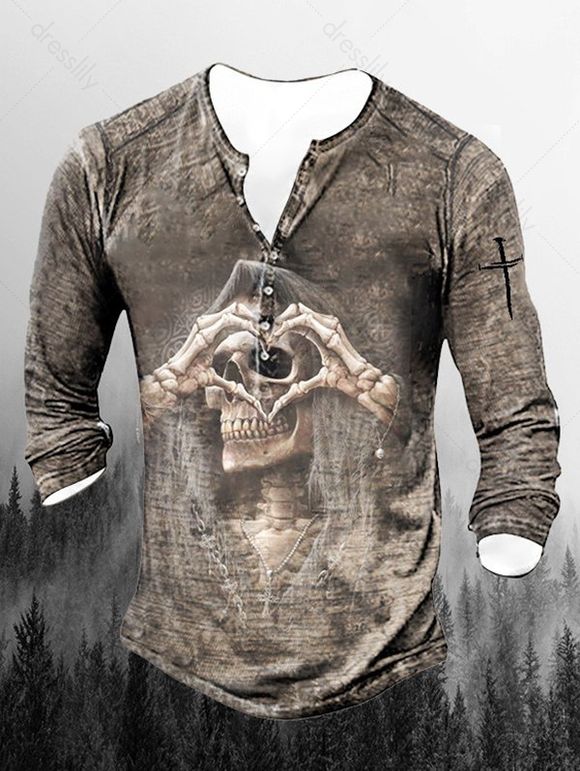 T-shirt Henley D'Halloween à Imprimé Squelette à Demi-Bouton à Manches Longues - multicolor B 3XL
