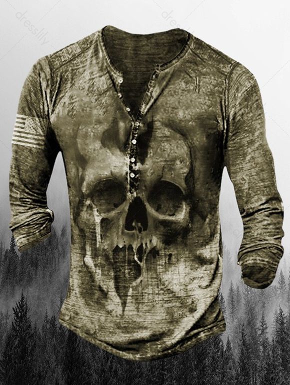 T-shirt D'Halloween à Imprimé Crâne à Demi-Bouton à Manches Longues - Vert profond 3XL