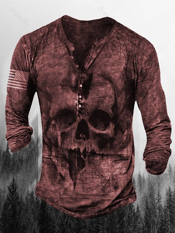 T-shirt D'Halloween à Imprimé Crâne à Demi-Bouton à Manches Longues - multicolor B 3XL