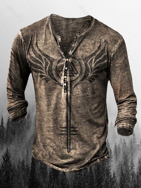 T-shirt D'Halloween à Imprimé Aile à Demi-Bouton à Manches Longues - multicolor C 3XL