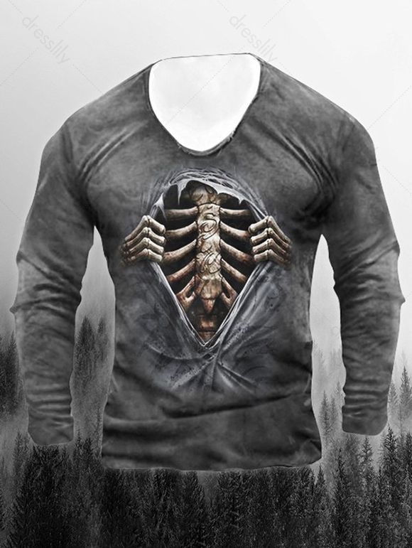 T-shirt D'Halloween à Imprimé Squelette à Manches Longues à Col Rond - multicolor A M