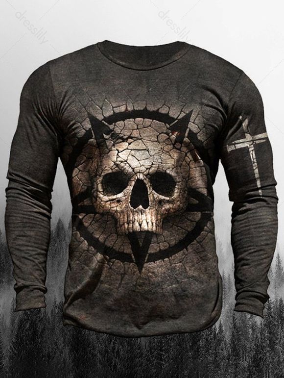 T-shirt D'Halloween à Imprimé Crâne et Epée à Manches Longues à Col Rond - multicolor B M