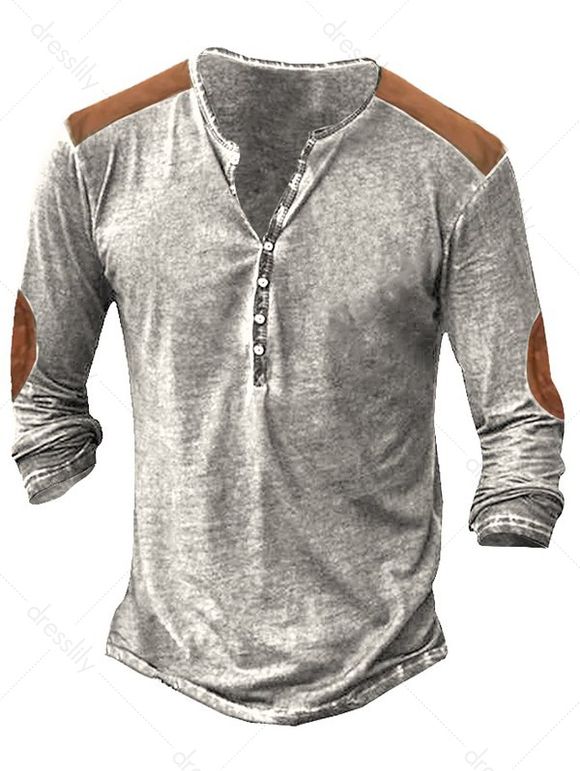 T-shirt Décontracté Vintage Demi-Bouton en Blocs de Couleurs à Manches Longues - multicolor B M