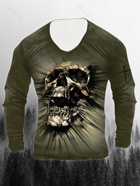 T-shirt D'Halloween à Imprimé Crâne et Epée à Manches Longues à Col Rond - Vert 3XL