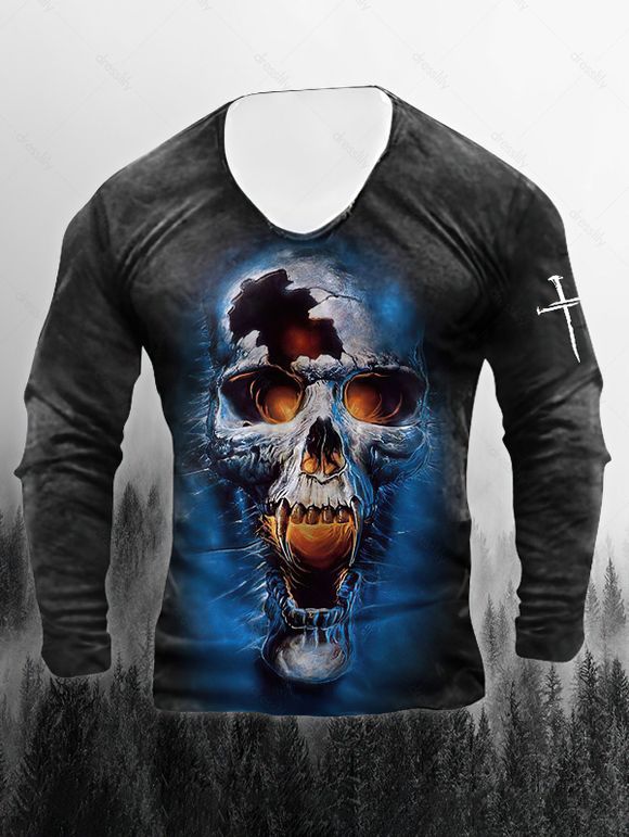 T-shirt D'Halloween à Imprimé Crâne et Epée à Manches Longues à Col Rond - Noir 3XL