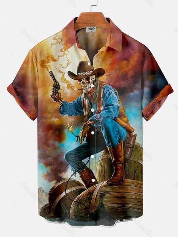Chemise D'Halloween Boutonnée à Imprimé Squelette et Pistolet à Col Relevé - multicolor B XXXL