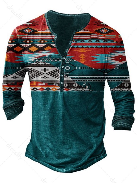 T-shirt Henley Décontracté Vintage à Imprimé Ethnique à Demi-Bouton à Manches Longues - Vert profond 3XL