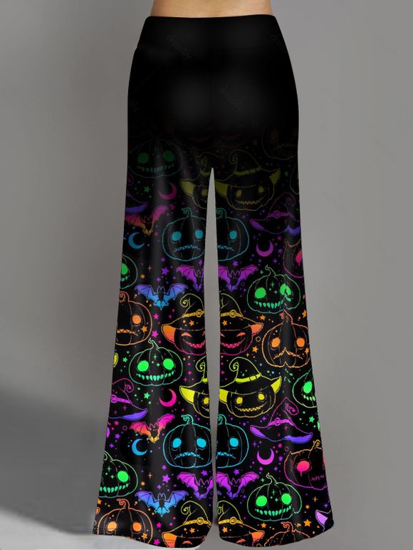 Pantalon D'Halloween Lâche à Imprimé Citrouille Colorée Jambe Large à Taille Elastique - Noir XL