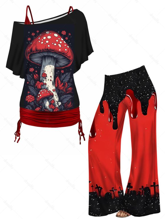 Halloween Mushroom Print Skew Neck Tops and Colorblock Wide Leg Pants Outfit - multicolor S