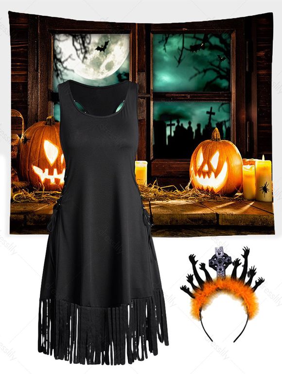 Ensemble de Mini-Robe de Débardeur avec Lacets et Tapisserie Bandeau D'Halloween pour Fête - multicolor S