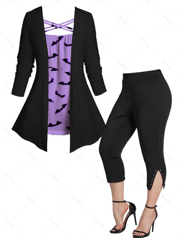Plus Size Halloween Bat Print Top and Grommet Rivet Slit Capri Leggings Outfit - LIGHT PURPLE L