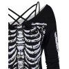 Halloween Skeleton Print Lattice Skew Neck Colorblock Tops and Skull Print Wide Leg Pants Outfit - multicolor S