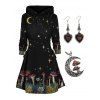 Ensemble de Robe à Capuche D'Halloween à Imprimé Champignon avec Collier Pendant Boucles d'oreilles - multicolor 