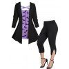 Plus Size Halloween Bat Print Top and Grommet Rivet Slit Capri Leggings Outfit - LIGHT PURPLE L