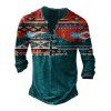 T-shirt Henley Décontracté Vintage à Imprimé Ethnique à Demi-Bouton à Manches Longues - Vert profond 3XL
