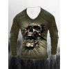 T-shirt D'Halloween à Imprimé Crâne et Epée à Manches Longues à Col Rond - Vert 3XL
