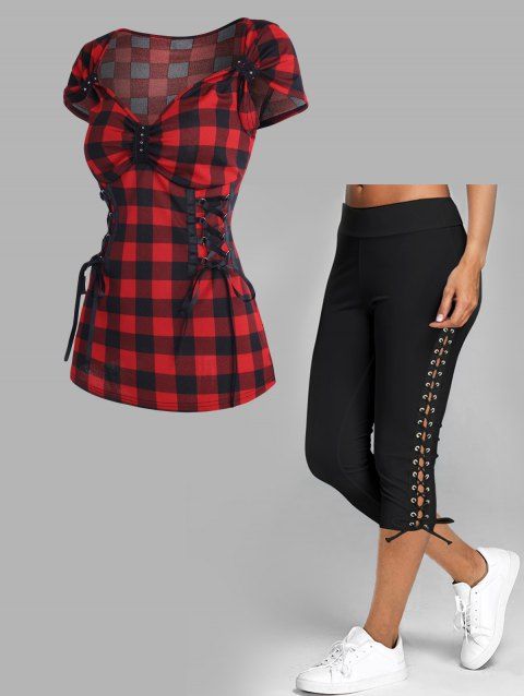 Ensemble de T-shirt à Carreaux à Lacets et Legging Capri