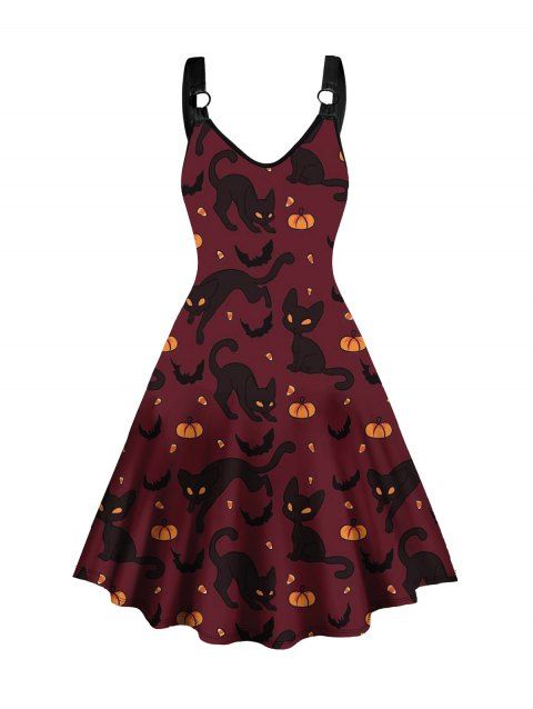 Halloween Cat Allover Print Dress Sleeveless O Ring A Line Midi Dress