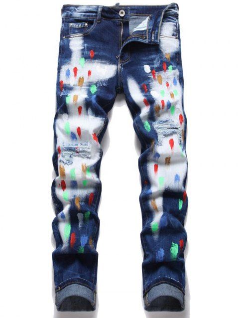 Ripped Oil Paint Pattern Jeans Distressed Faded Wash Streetwear Denim Pants