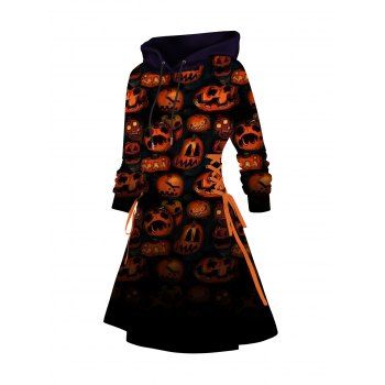 

Halloween Hoodie Dress Pumpkin Print Lace Up A Line Mini Dress, Orange