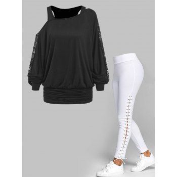 

Cold Shoulder Lace Panel Skew Neck T Shirt And Lace Up Plain Skinny Pants Casual Outfit, Black