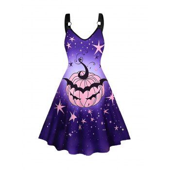 

Halloween Pumpkin and Star Print Dress Sleeveless O Ring A Line Midi Dress, Purple