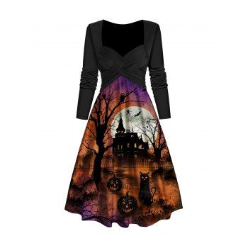 

Halloween Pumpkin and Cat Print Dress Crossover Sweetheart Collar A Line Midi Dress, Dark orange