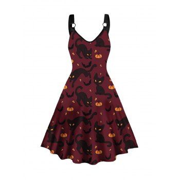 

Halloween Cat Allover Print Dress Sleeveless O Ring A Line Midi Dress, Deep red