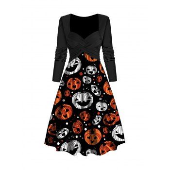 

Halloween Pumpkin Print Colorblock Dress Crossover Sweetheart Collar A Line Dress, Black