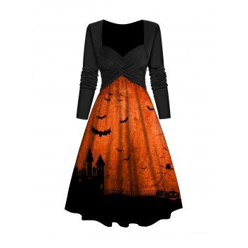 

Halloween Castle and Bat Print Dress Crossover Sweetheart Collar A Line Midi Dress, Orange