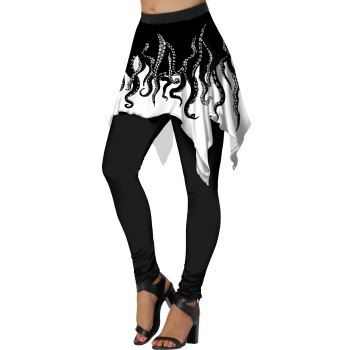 

Octopus Print Colorblock Skirted Leggings Middle Waist Casual Leggings, Black