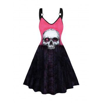 

Halloween Skull Print Dress Colorblock Sleeveless O Ring A Line Dress, Light pink