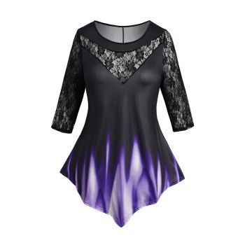 

Plus Size Mesh Lace Panel Top Asymmetrical Hem Casual Top, Purple