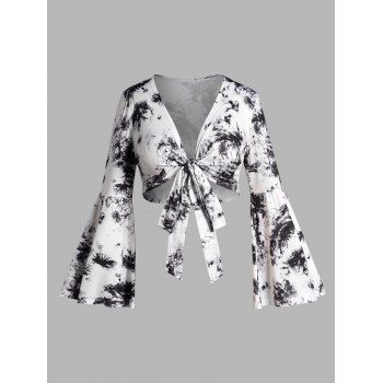 

Plus Size Tie Dye Crop Top Knot Flare Sleeve Casual Top, Multicolor a