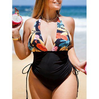 

Leaves Print Halter One-piece Swimsuit Cinched Plunging Neck Backless Swimwear, Black