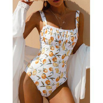 

Lemon Print Ruched One-piece Swimsuit Chest Pad Beach Vacation Swimwear, White