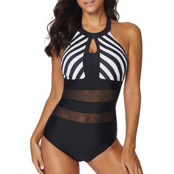 

Stripe Print Colorblock One-piece Swimsuit Mesh Insert Keyhole Neck Beach Swimwear, Black