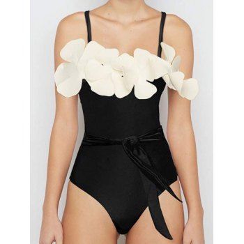 

3D Floral Belt One-piece Swimsuit Colorblock Adjustable Strap Beach Vacation Swimwear, Black