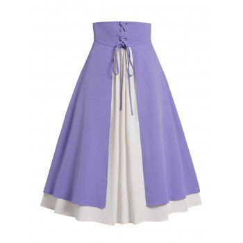 

Lace Up Colorblock Skirt Layered High Waist A Line Casual Skirt, Light purple