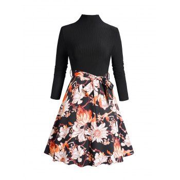 

Flower Print Mock Neck Dress Belt Long Sleeve Mini Dress, Black