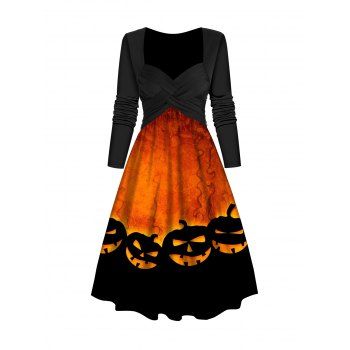 

Halloween Pumpkin Print Dress Crossover Sweetheart Collar A Line Midi Dress, Orange