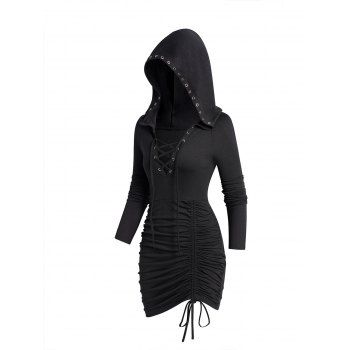 

Lace Up Gothic Hooded Dress Plain Color Cinched Ruched Bodycon Mini Dress, Black