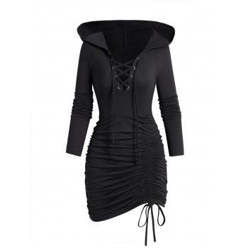 Lace Up Gothic Hooded Dress Plain Color Cinched Ruched Bodycon Mini Dress 
