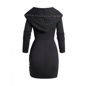 Lace Up Gothic Hooded Dress Plain Color Cinched Ruched Bodycon Mini Dress 