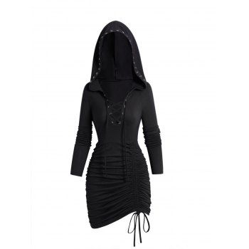 Lace Up Gothic Hooded Dress Plain Color Cinched Ruched Bodycon Mini Dress 