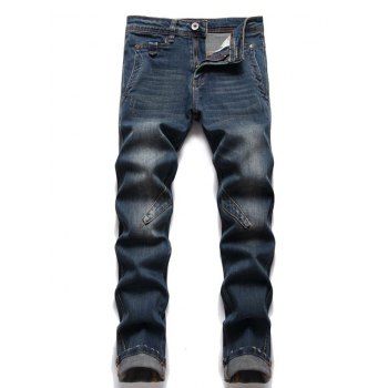 

Patch Vintage Jeans Straight Pocket Dark Wash Casual Denim Pants, Deep blue