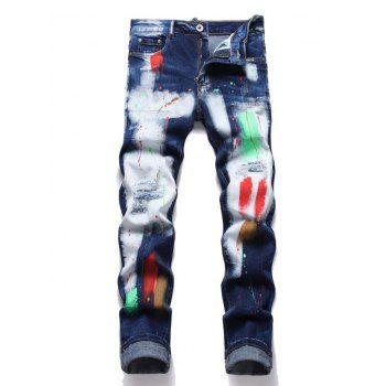 

Ripped Paint Splatter Pattern Jeans Faded Wash Pockets Casual Denim Pants, Blue